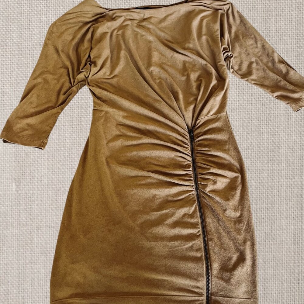 Bebe Tan Suede Ruched Wrap Zip Dress - Picture 1 of 4